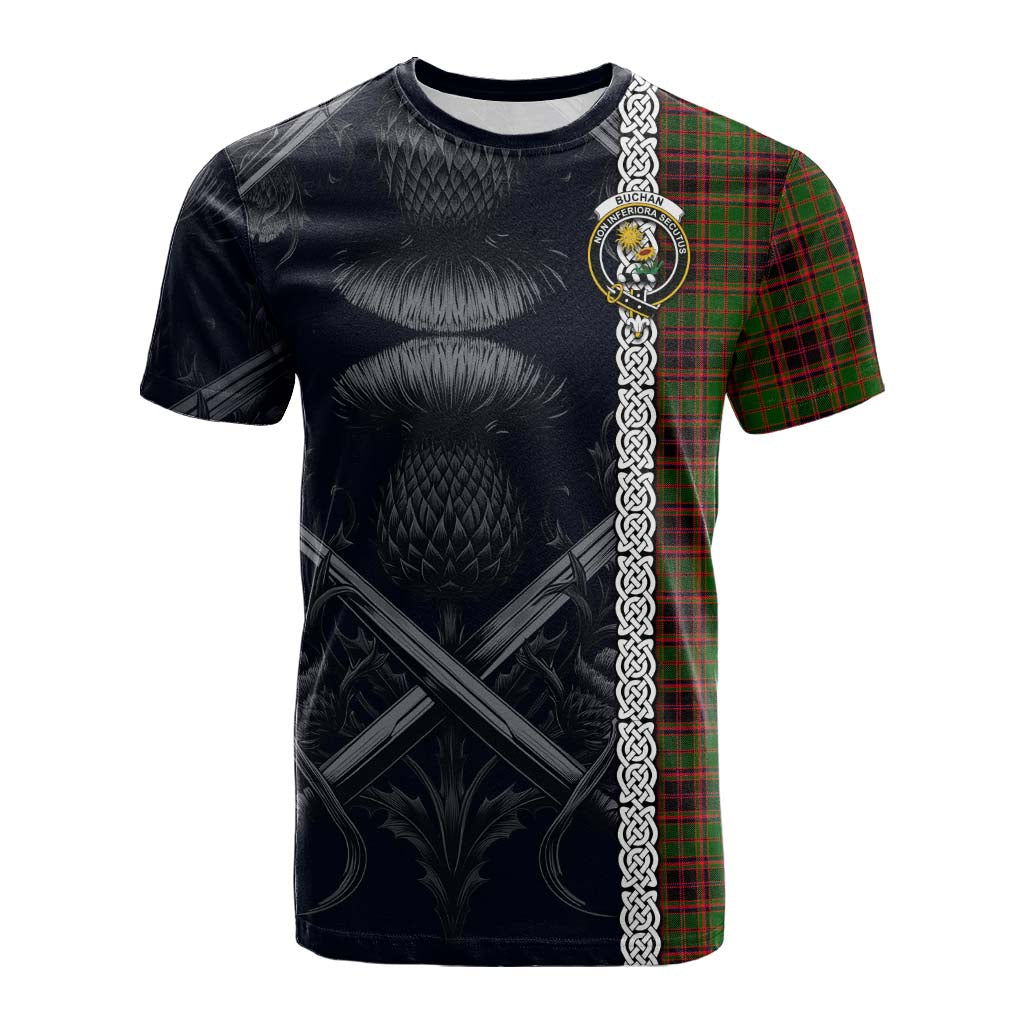 Tartan Vibes Clothing Buchan Tartan Cotton T-shirt with Family Crest Cross Sword Thistle Celtic Vibes