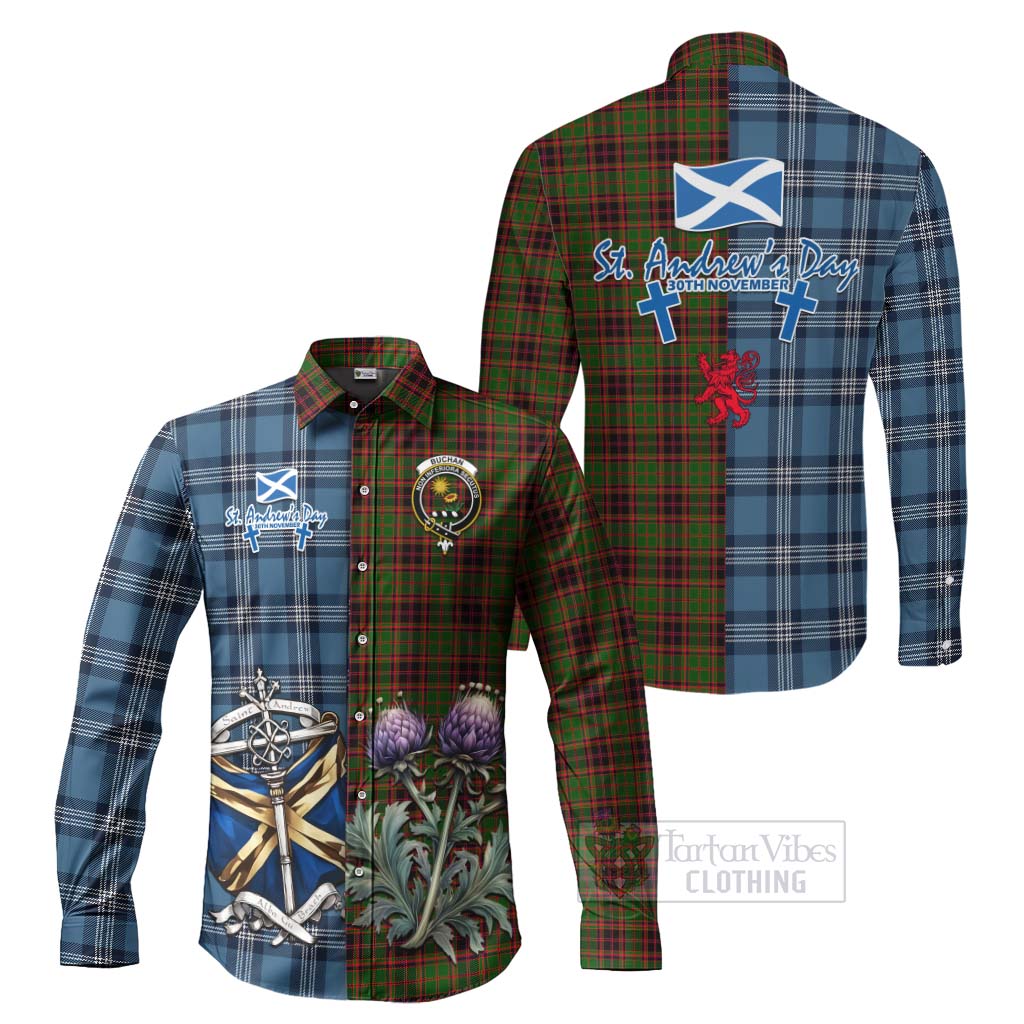 Tartan Vibes Clothing Buchan Tartan Long Sleeve Button Shirt Happy St. Andrew's Day Half Tartan Style
