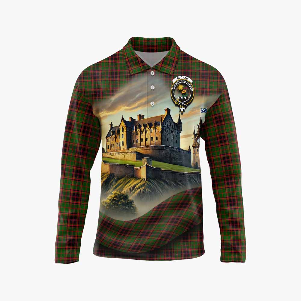 Tartan Vibes Clothing Buchan Tartan Family Crest Long Sleeve Polo Shirt with Scottish Ancient Castle Style