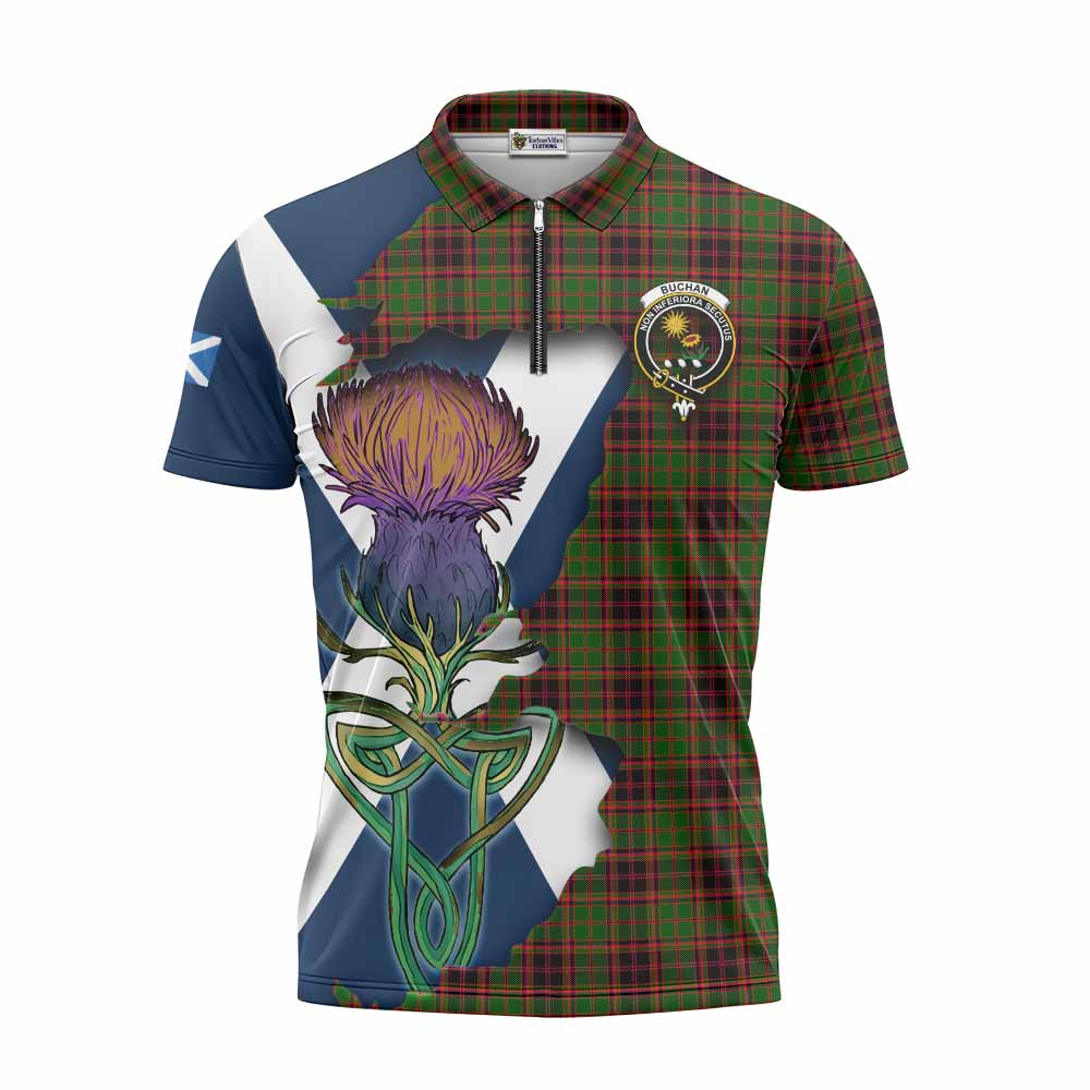 Tartan Vibes Clothing Buchan Tartan Family Crest Zipper Polo Shirt Scottish Thistle Celtic Inspired