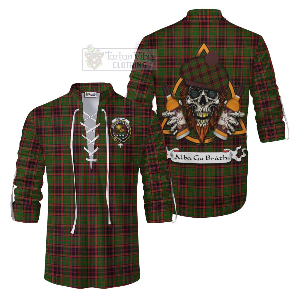 Tartan Vibes Clothing Buchan Tartan Ghillie Kilt Shirt with Family Crest and Bearded Skull Holding Bottles of Whiskey