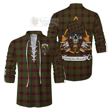 Tartan Vibes Clothing Buchan Tartan Ghillie Kilt Shirt with Family Crest and Bearded Skull Holding Bottles of Whiskey