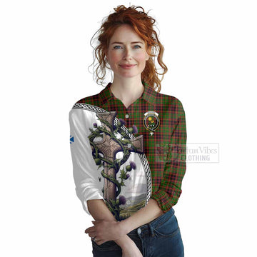 Tartan Vibes Clothing Buchan Tartan Women's Casual Shirt with Family Crest and St. Andrew's Cross Accented by Thistle Vines