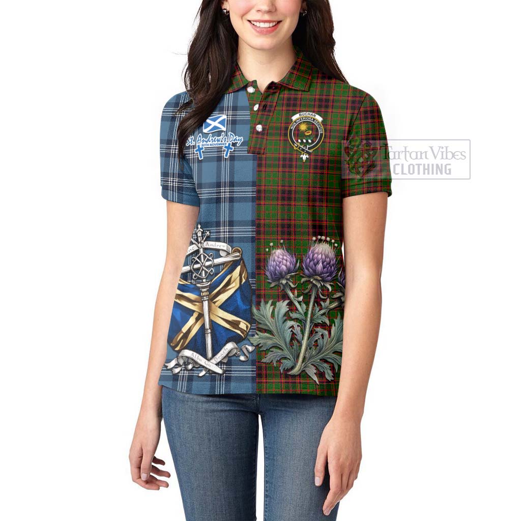 Tartan Vibes Clothing Buchan Tartan Women's Polo Shirt Happy St. Andrew's Day Half Tartan Style