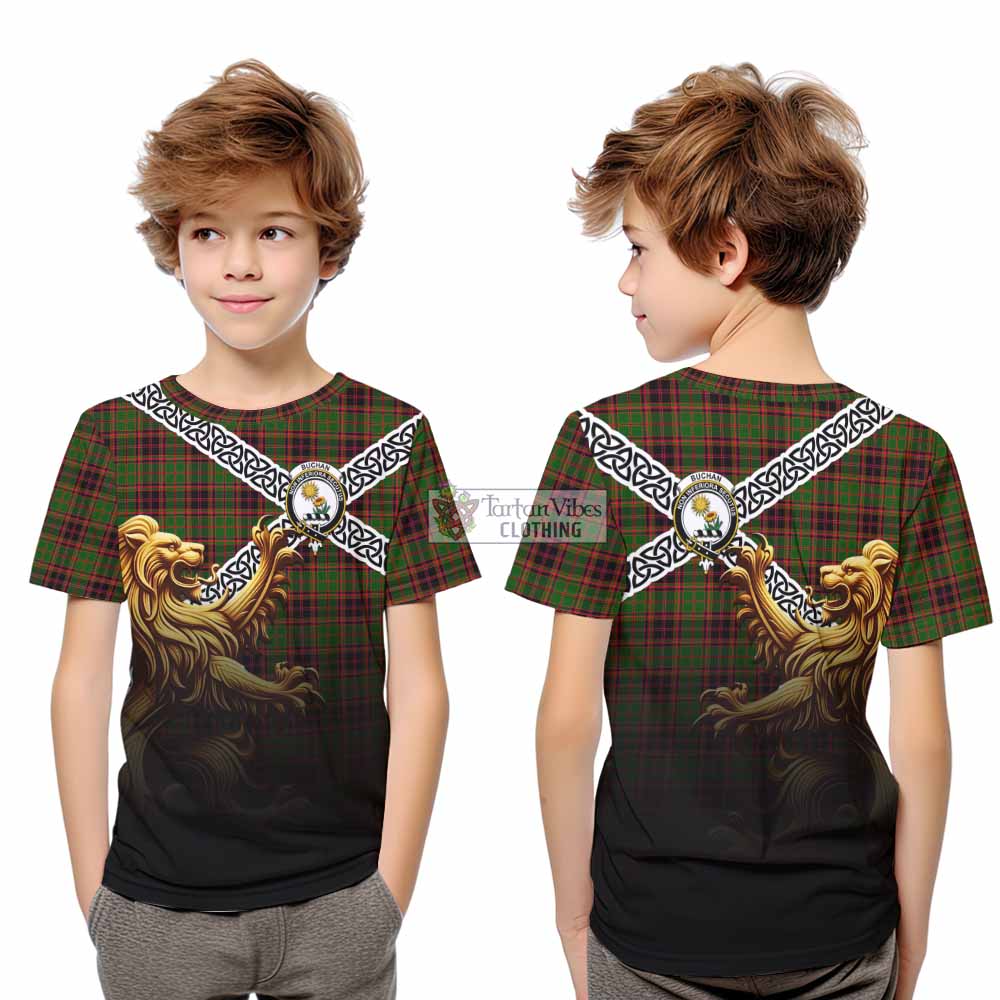Tartan Vibes Clothing Buchan Crest Tartan Kid T-Shirt with Golden Lion Emblem Celtic Style