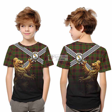 Tartan Vibes Clothing Buchan Crest Tartan Kid T-Shirt with Golden Lion Emblem Celtic Style