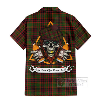 Tartan Vibes Clothing Buchan Tartan Short Sleeve Button Shirt with Family Crest and Bearded Skull Holding Bottles of Whiskey