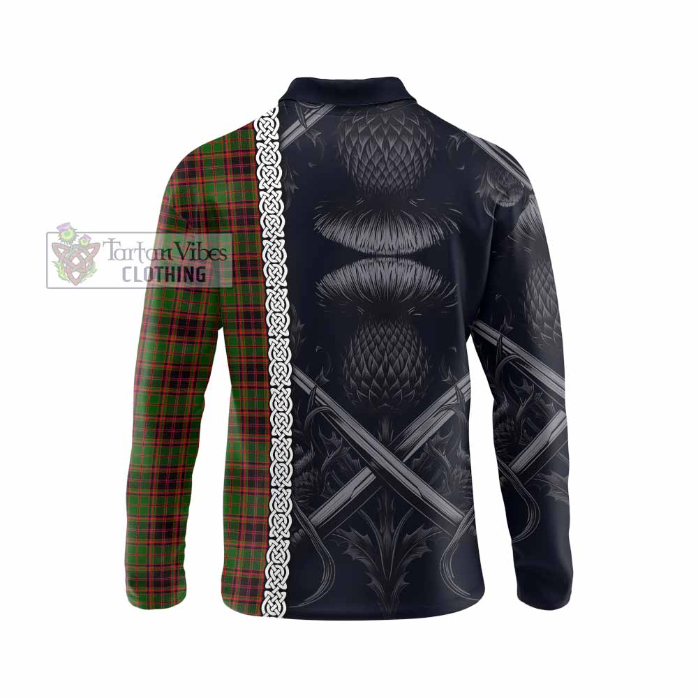 Tartan Vibes Clothing Buchan Tartan Long Sleeve Polo Shirt with Family Crest Cross Sword Thistle Celtic Vibes