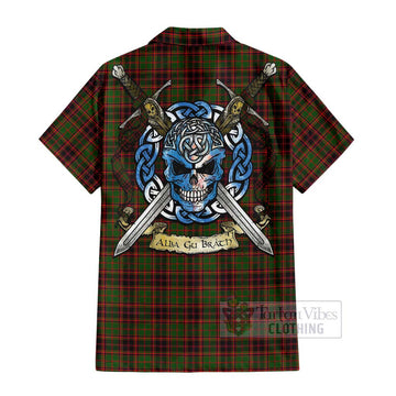 Tartan Vibes Clothing Buchan Tartan Short Sleeve Button Shirt with Family Crest Celtic Skull Style