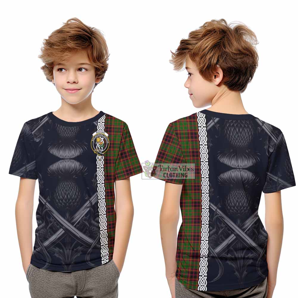 Tartan Vibes Clothing Buchan Tartan Kid T-Shirt with Family Crest Cross Sword Thistle Celtic Vibes