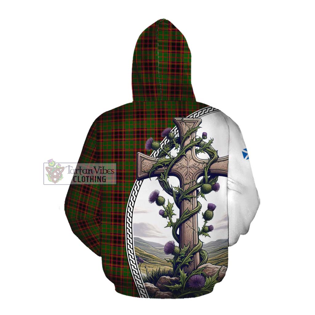 Tartan Vibes Clothing Buchan Tartan Cotton Hoodie with Family Crest and St. Andrew's Cross Accented by Thistle Vines