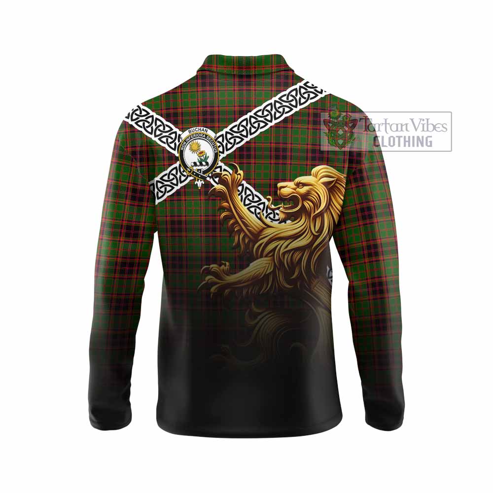 Tartan Vibes Clothing Buchan Crest Tartan Long Sleeve Polo Shirt with Golden Lion Emblem Celtic Style