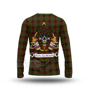 Tartan Vibes Clothing Buchan Tartan Long Sleeve T-Shirt with Family Crest and Bearded Skull Holding Bottles of Whiskey