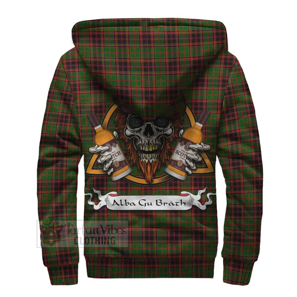 Tartan Vibes Clothing Buchan Tartan Sherpa Hoodie with Family Crest and Bearded Skull Holding Bottles of Whiskey