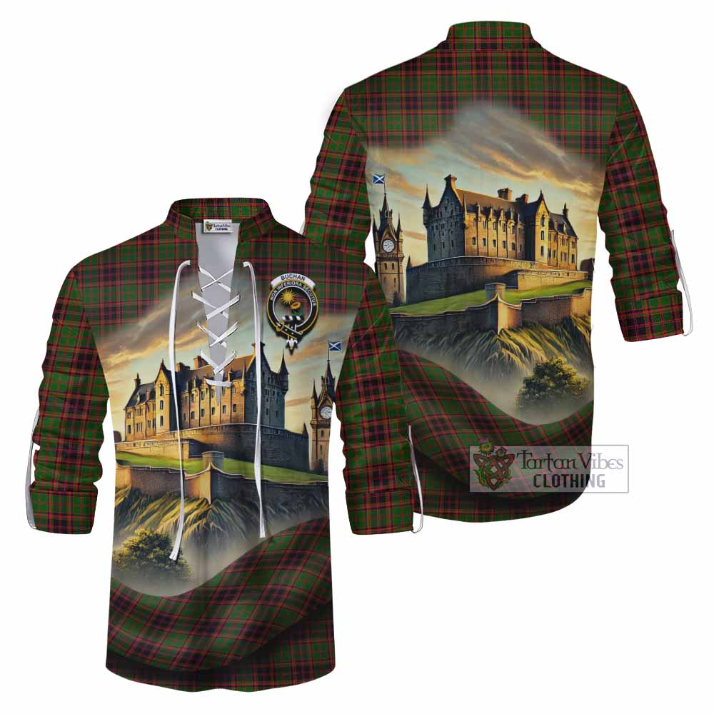 Tartan Vibes Clothing Buchan Tartan Family Crest Ghillie Kilt Shirt with Scottish Ancient Castle Style