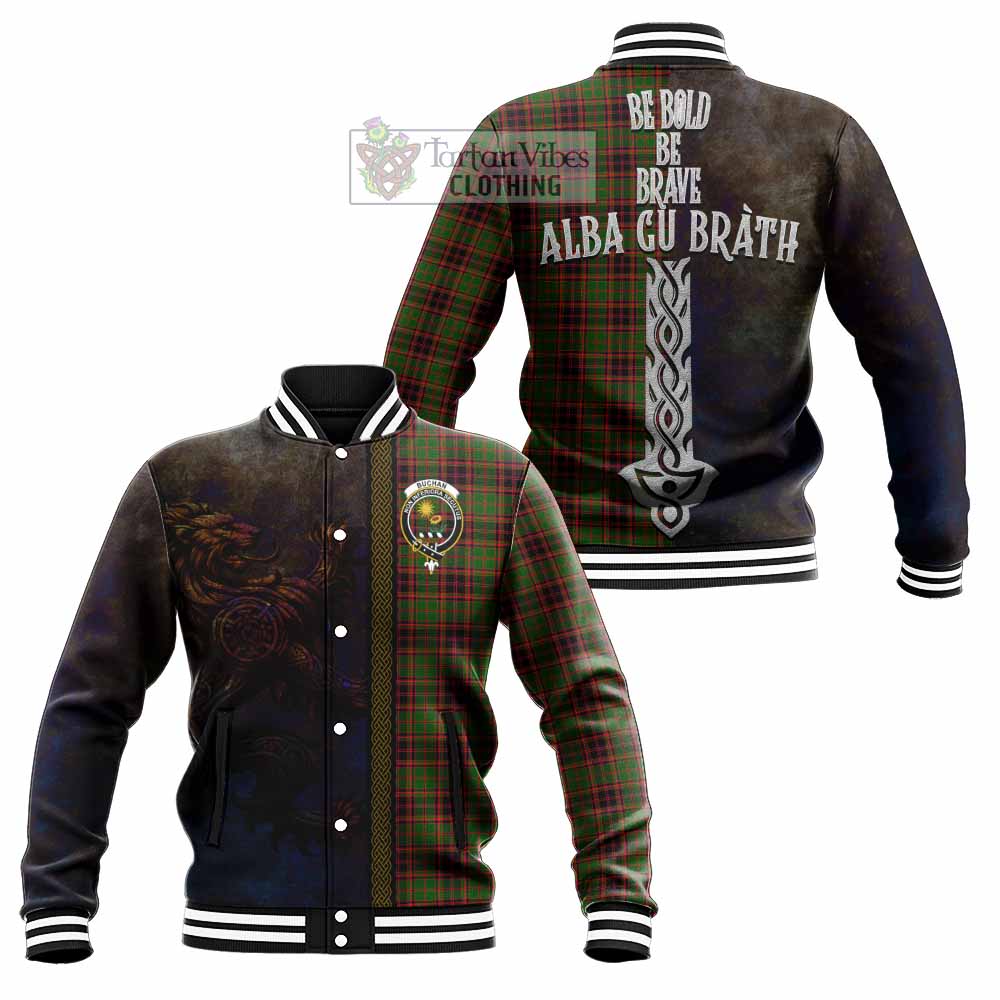 Tartan Vibes Clothing Buchan Tartan Family Crest Baseball Jacket Alba Gu Brath Be Brave Lion Ancient Style