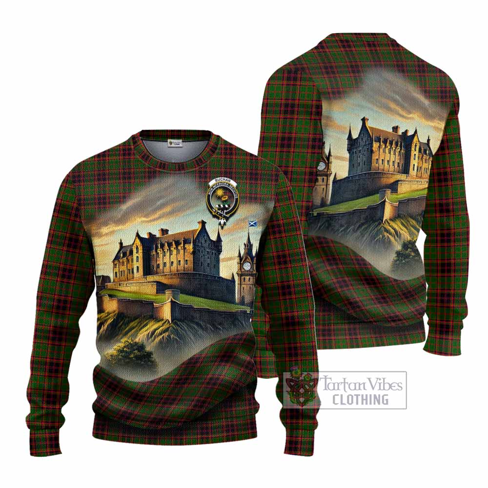 Tartan Vibes Clothing Buchan Tartan Family Crest Knitted Sweater with Scottish Ancient Castle Style