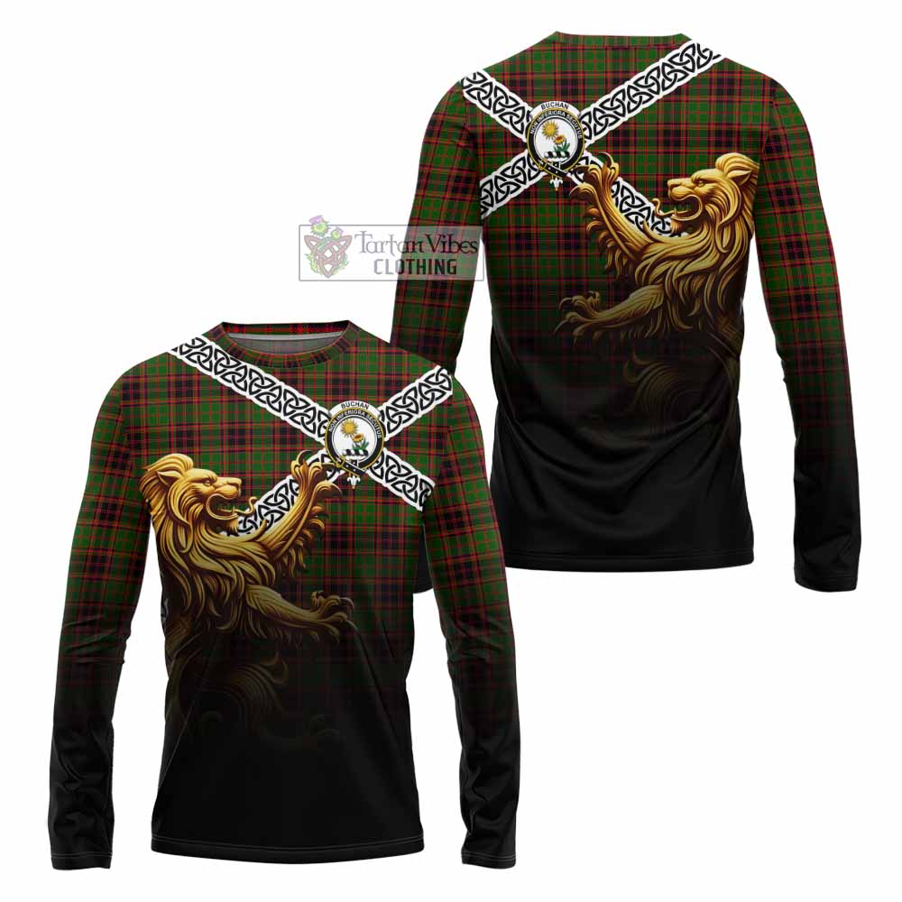 Tartan Vibes Clothing Buchan Crest Tartan Long Sleeve T-Shirt with Golden Lion Emblem Celtic Style