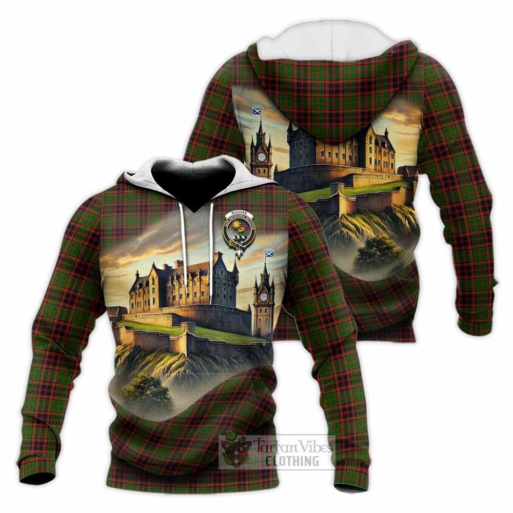 Tartan Vibes Clothing Buchan Tartan Family Crest Knitted Hoodie with Scottish Ancient Castle Style