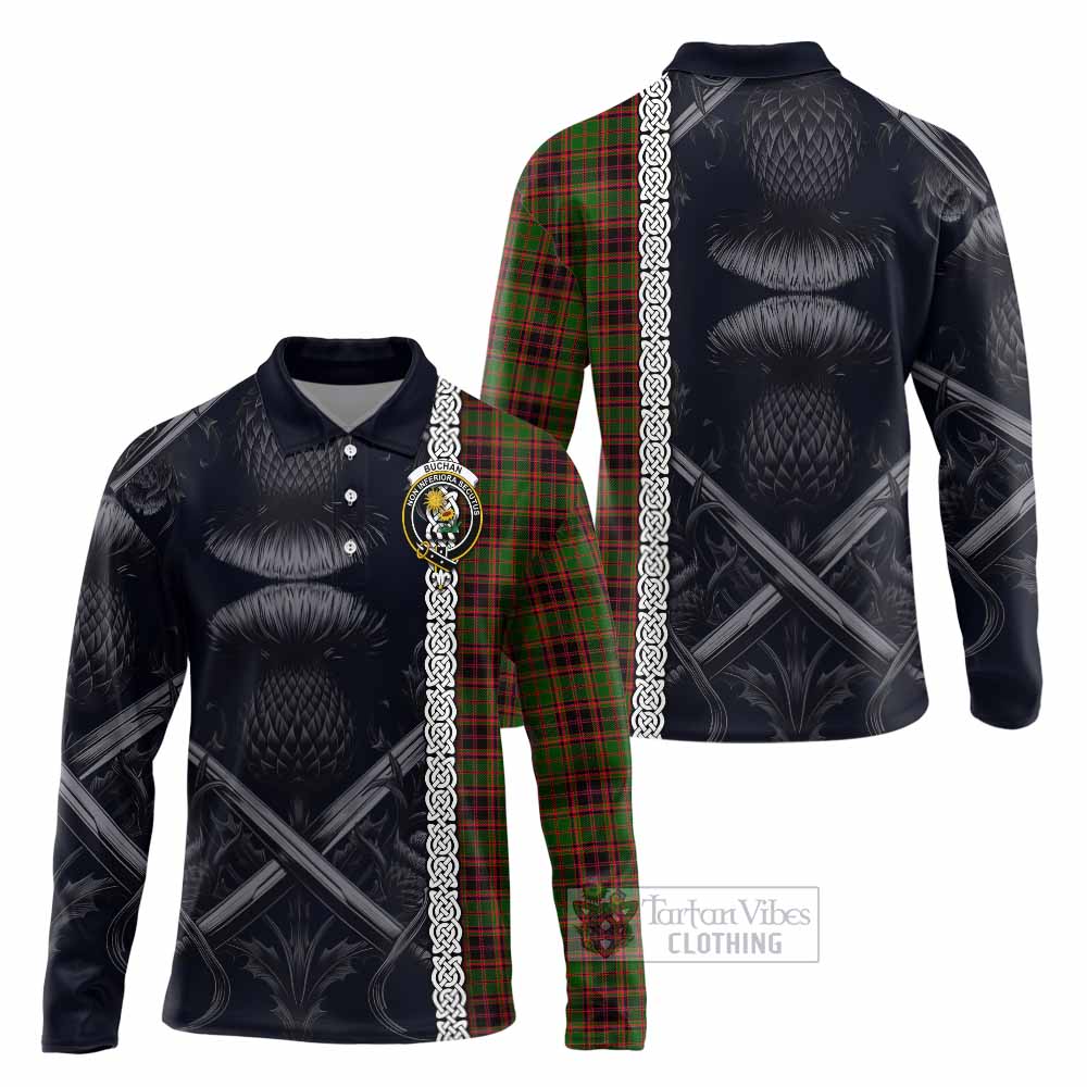 Tartan Vibes Clothing Buchan Tartan Long Sleeve Polo Shirt with Family Crest Cross Sword Thistle Celtic Vibes