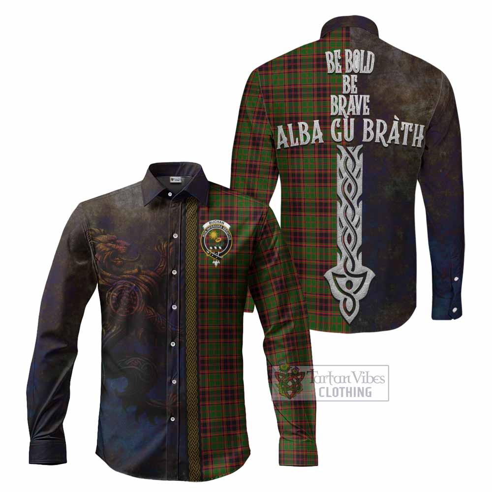 Tartan Vibes Clothing Buchan Tartan Family Crest Long Sleeve Button Shirt Alba Gu Brath Be Brave Lion Ancient Style