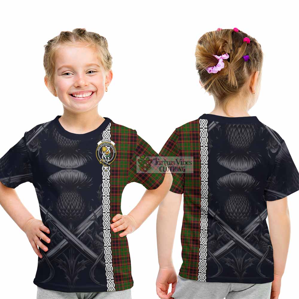 Tartan Vibes Clothing Buchan Tartan Kid T-Shirt with Family Crest Cross Sword Thistle Celtic Vibes