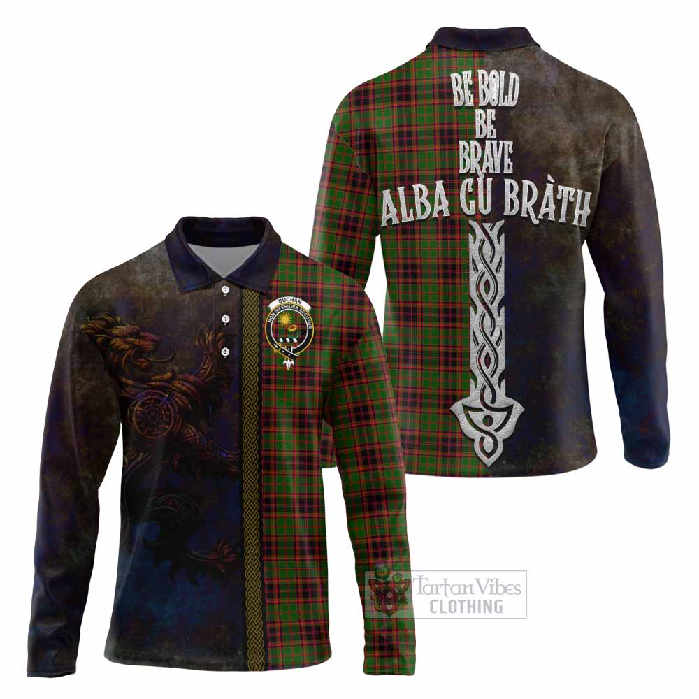 Tartan Vibes Clothing Buchan Tartan Family Crest Long Sleeve Polo Shirt Alba Gu Brath Be Brave Lion Ancient Style