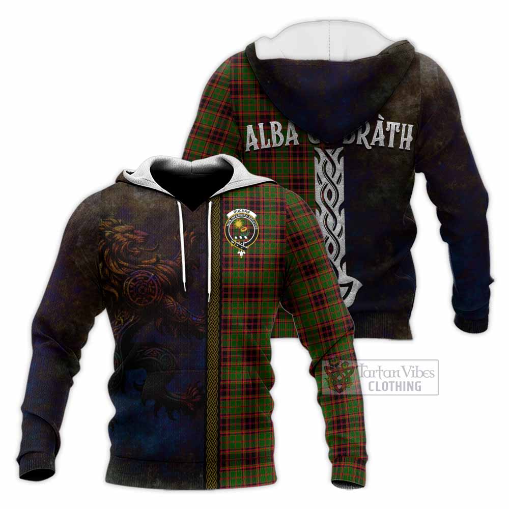 Tartan Vibes Clothing Buchan Tartan Family Crest Knitted Hoodie Alba Gu Brath Be Brave Lion Ancient Style