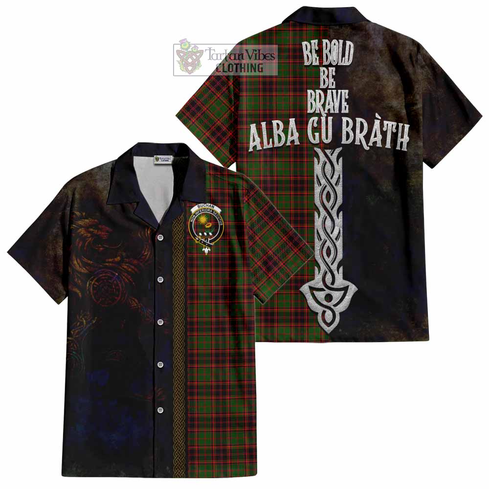 Tartan Vibes Clothing Buchan Tartan Family Crest Short Sleeve Button Shirt Alba Gu Brath Be Brave Lion Ancient Style