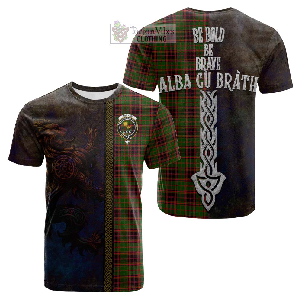 Tartan Vibes Clothing Buchan Tartan Family Crest Cotton T-shirt Alba Gu Brath Be Brave Lion Ancient Style
