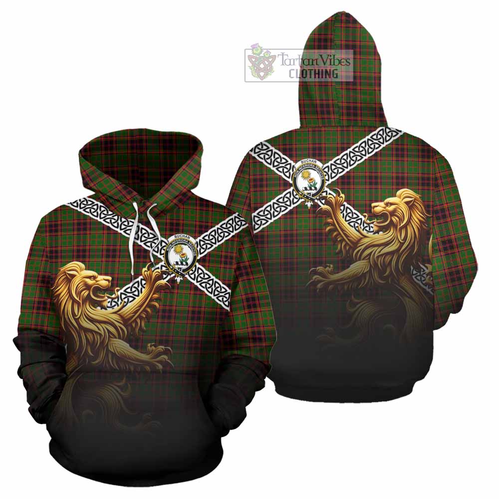 Tartan Vibes Clothing Buchan Crest Tartan Hoodie with Golden Lion Emblem Celtic Style
