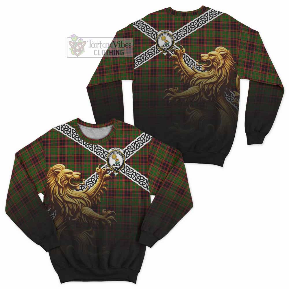 Tartan Vibes Clothing Buchan Crest Tartan Sweatshirt with Golden Lion Emblem Celtic Style