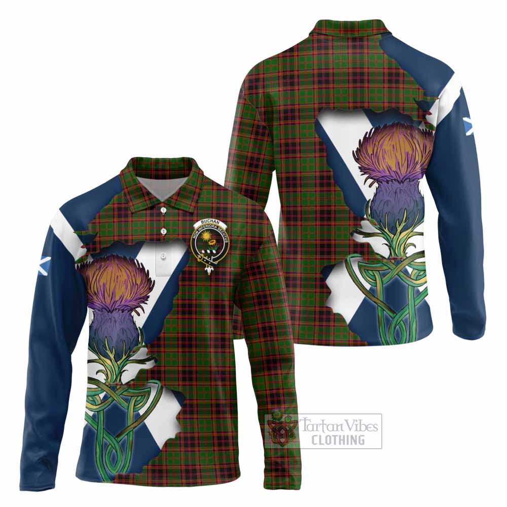 Tartan Vibes Clothing Buchan Tartan Family Crest Long Sleeve Polo Shirt Scottish Thistle Celtic Inspired