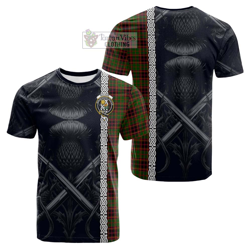 Tartan Vibes Clothing Buchan Tartan Cotton T-shirt with Family Crest Cross Sword Thistle Celtic Vibes