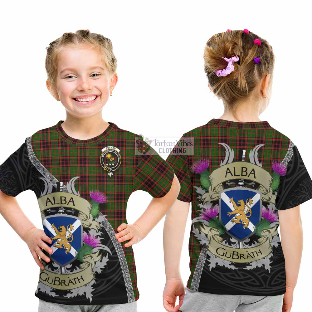 Tartan Vibes Clothing Buchan Tartan Family Crest Kid T-Shirt Lion Rampant Royal Thistle Shield Celtic Inspired