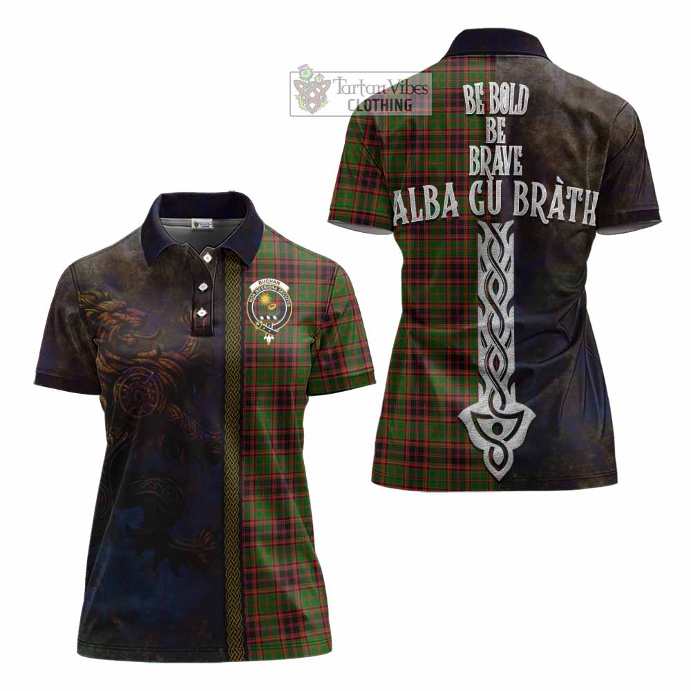 Tartan Vibes Clothing Buchan Tartan Family Crest Women's Polo Shirt Alba Gu Brath Be Brave Lion Ancient Style