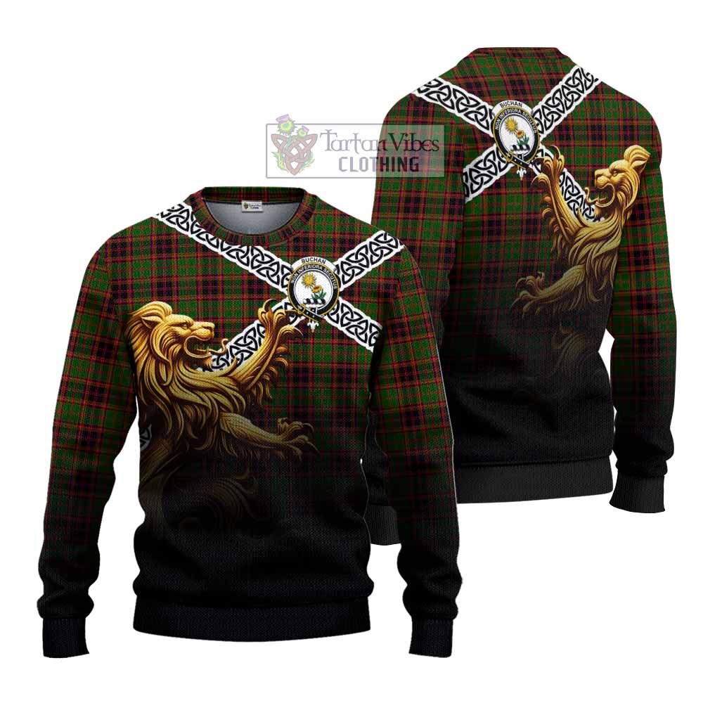 Tartan Vibes Clothing Buchan Crest Tartan Knitted Sweater with Golden Lion Emblem Celtic Style