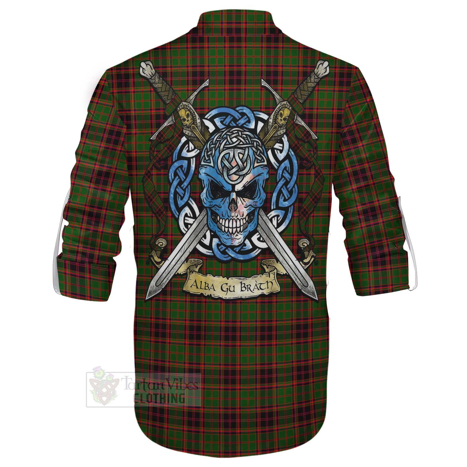 Tartan Vibes Clothing Buchan Tartan Ghillie Kilt Shirt with Family Crest Celtic Skull Style