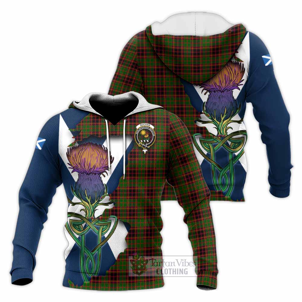 Tartan Vibes Clothing Buchan Tartan Family Crest Knitted Hoodie Scottish Thistle Celtic Inspired
