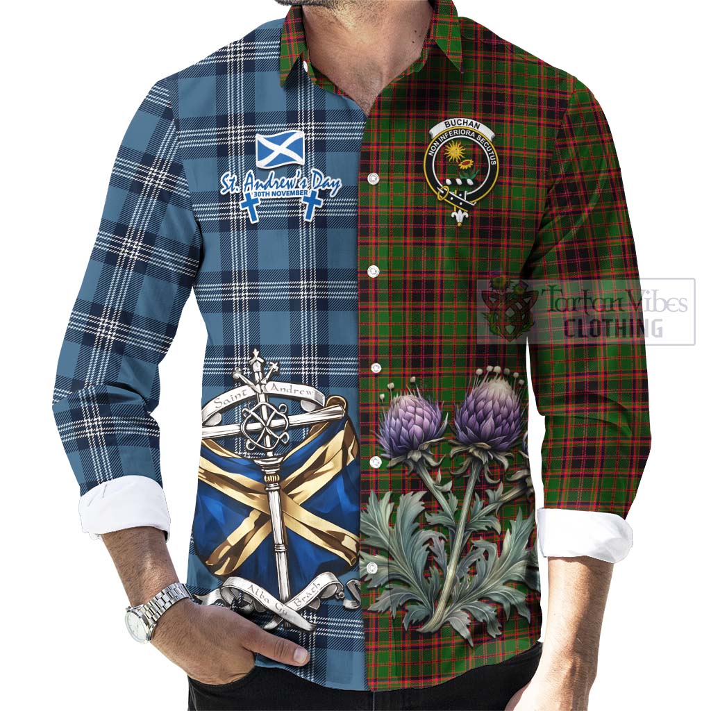 Tartan Vibes Clothing Buchan Tartan Long Sleeve Button Shirt Happy St. Andrew's Day Half Tartan Style