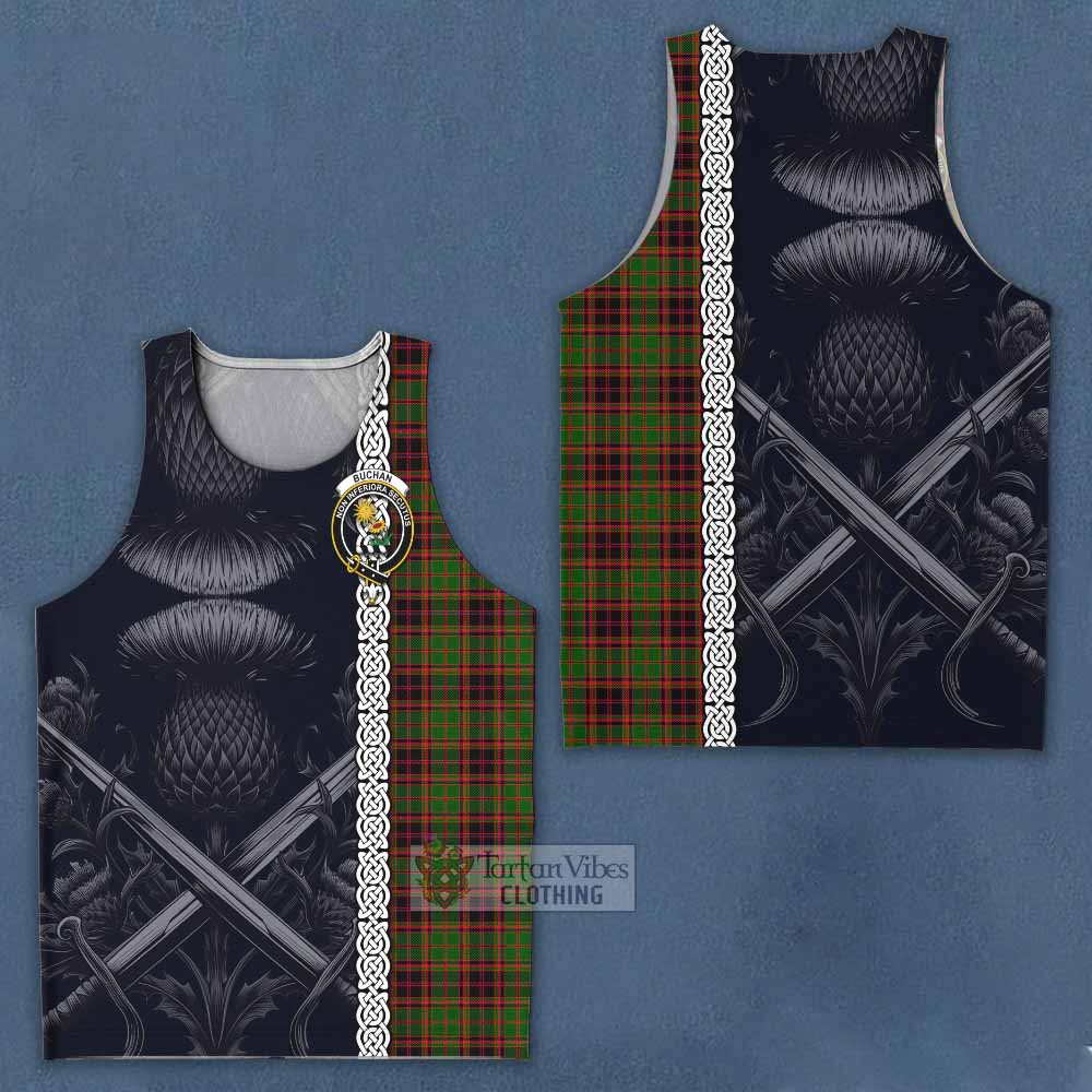 Tartan Vibes Clothing Buchan Tartan Men's Tank Top with Family Crest Cross Sword Thistle Celtic Vibes