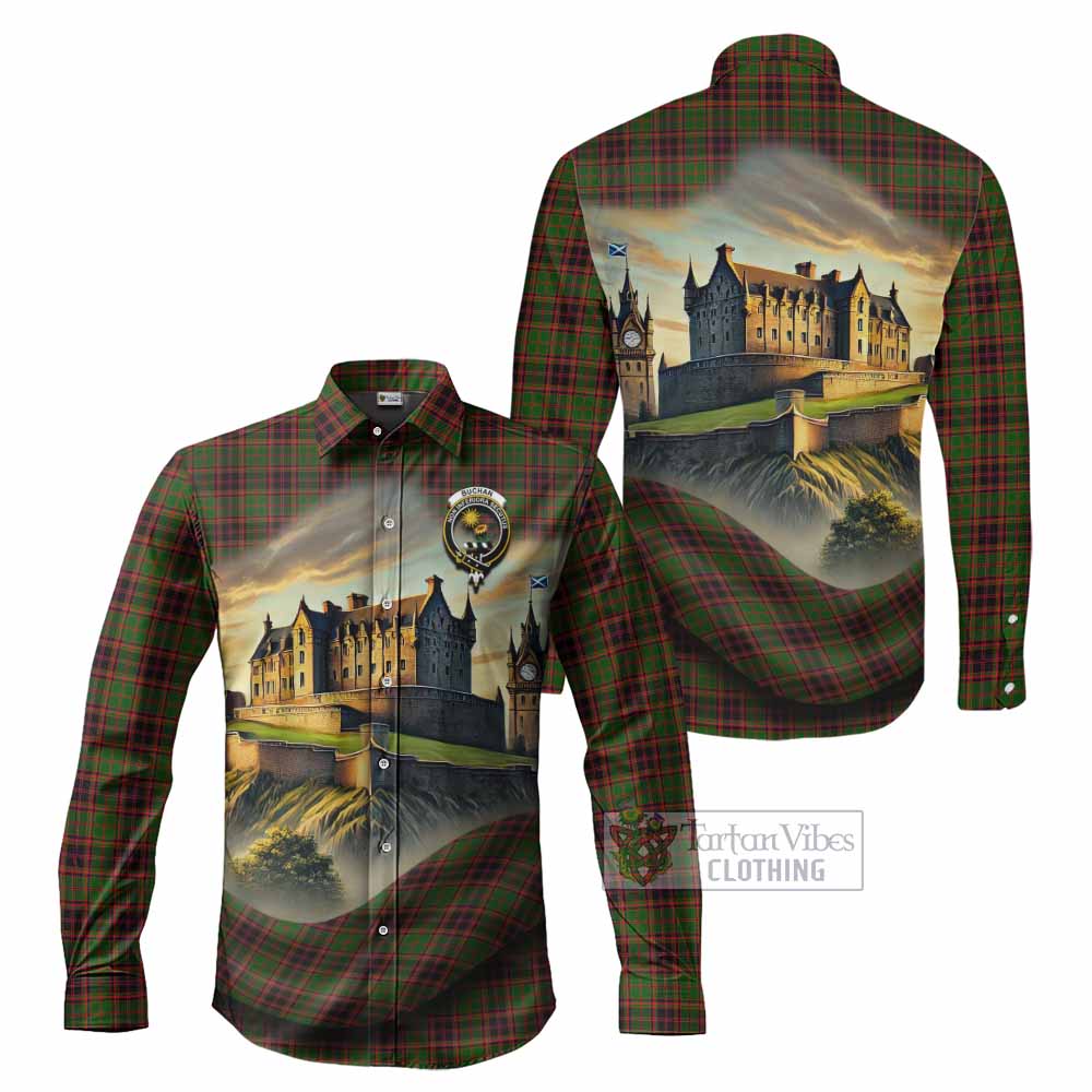Tartan Vibes Clothing Buchan Tartan Family Crest Long Sleeve Button Shirt with Scottish Ancient Castle Style
