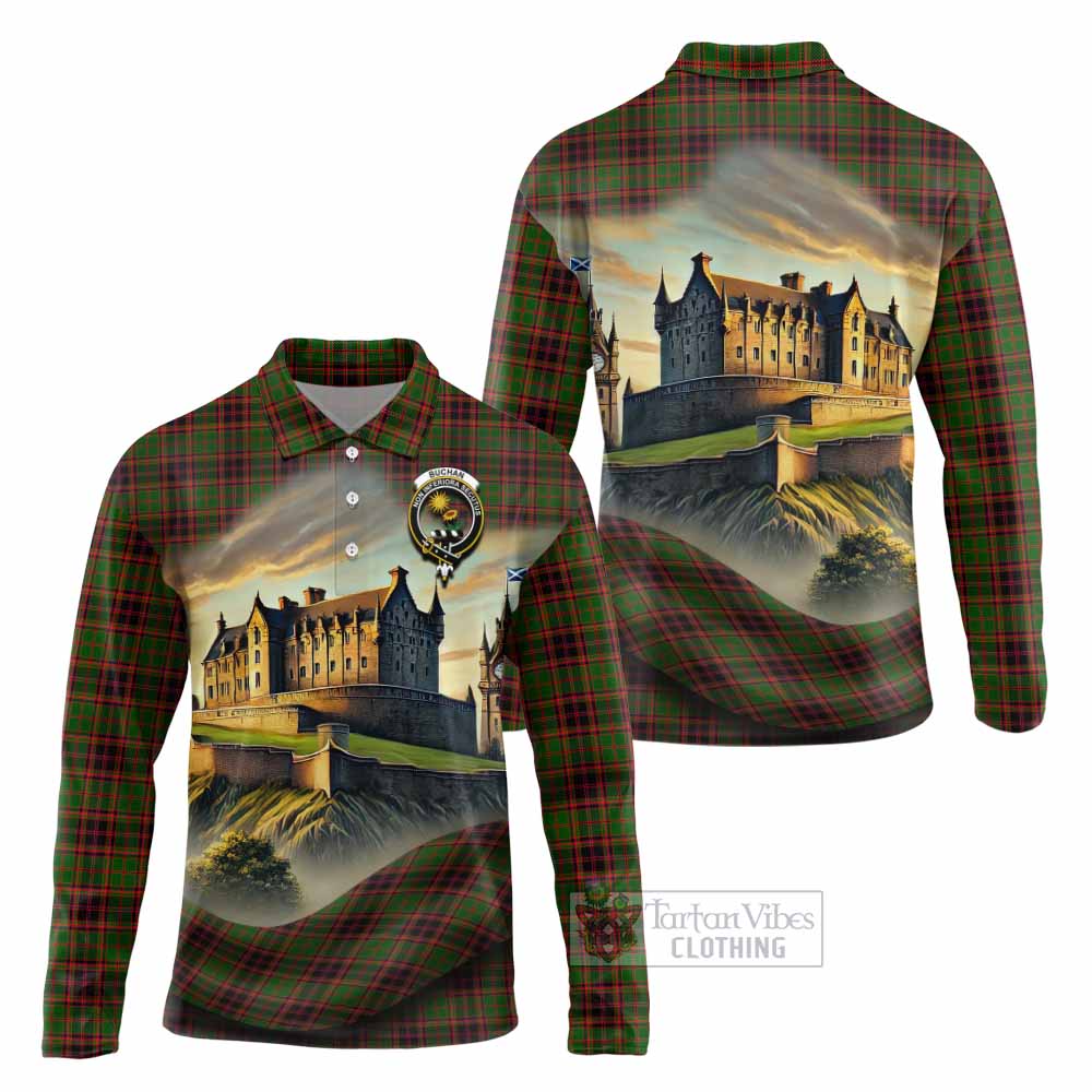 Tartan Vibes Clothing Buchan Tartan Family Crest Long Sleeve Polo Shirt with Scottish Ancient Castle Style