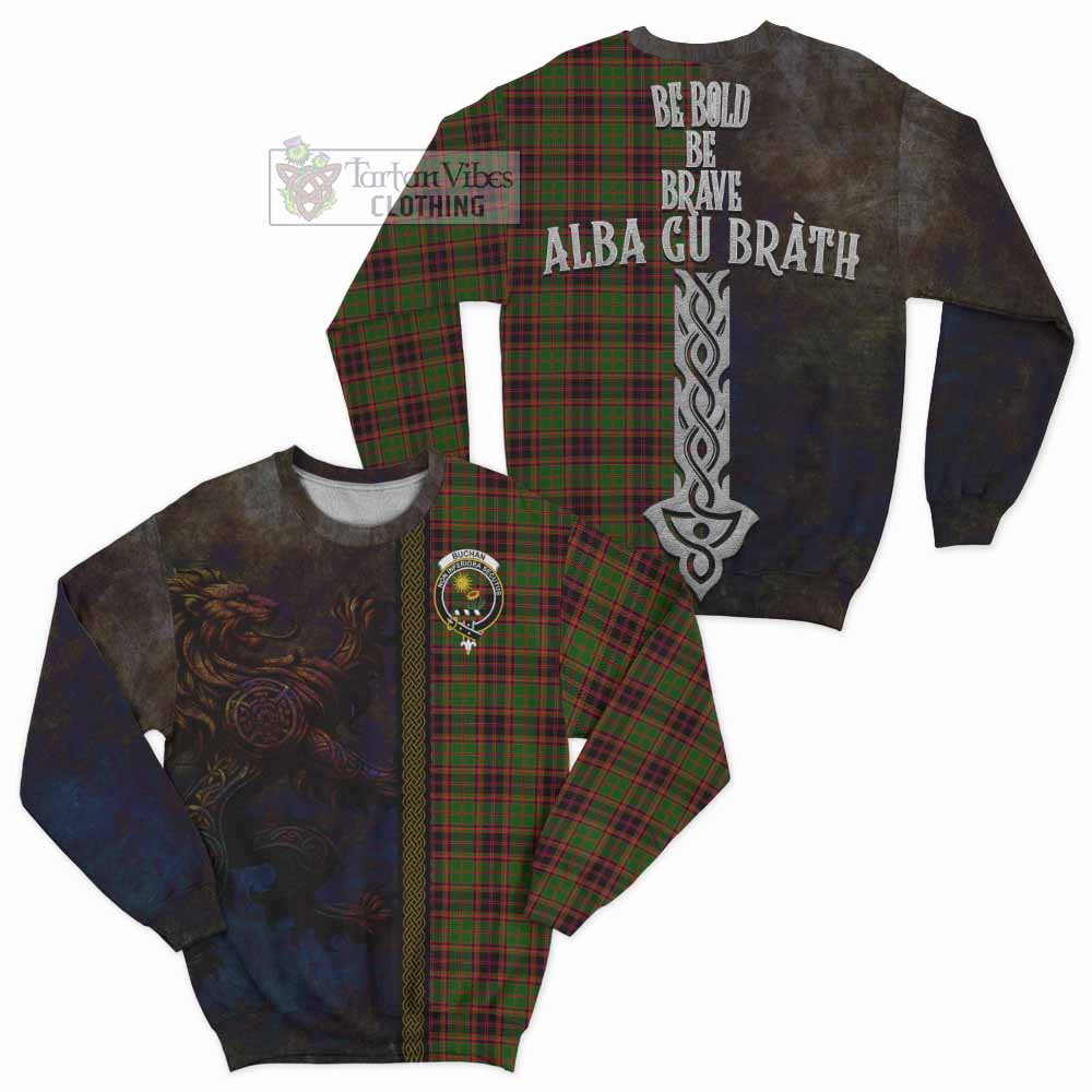 Tartan Vibes Clothing Buchan Tartan Family Crest Sweatshirt Alba Gu Brath Be Brave Lion Ancient Style