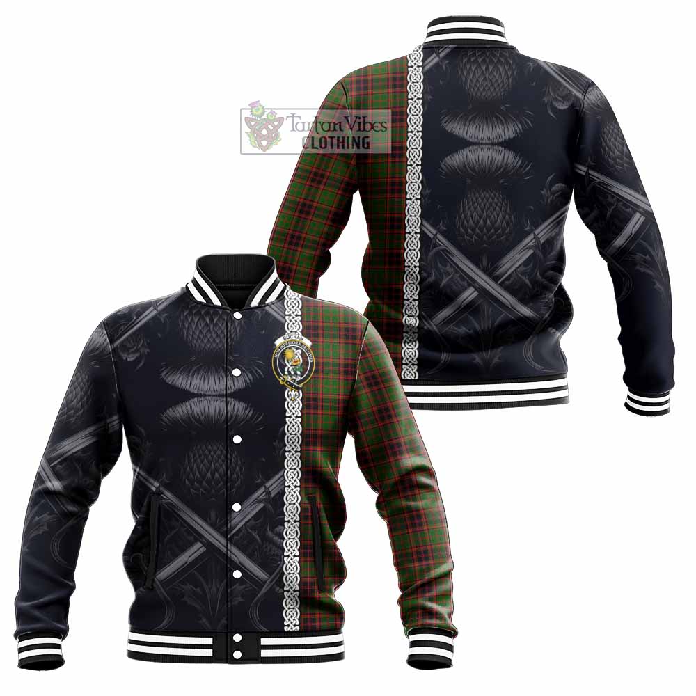 Tartan Vibes Clothing Buchan Tartan Baseball Jacket with Family Crest Cross Sword Thistle Celtic Vibes