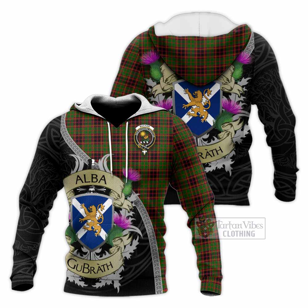 Tartan Vibes Clothing Buchan Tartan Family Crest Knitted Hoodie Lion Rampant Royal Thistle Shield Celtic Inspired