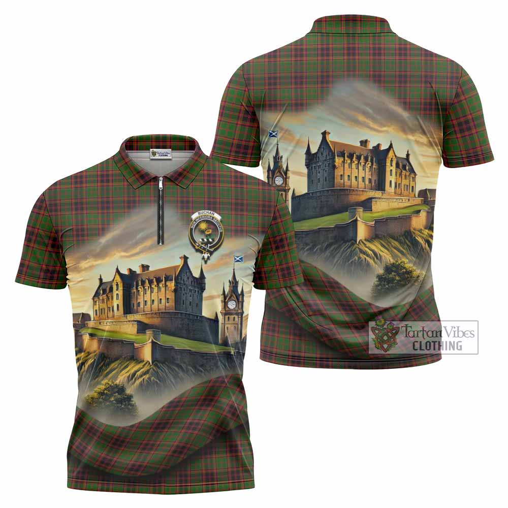Tartan Vibes Clothing Buchan Tartan Family Crest Zipper Polo Shirt with Scottish Ancient Castle Stype