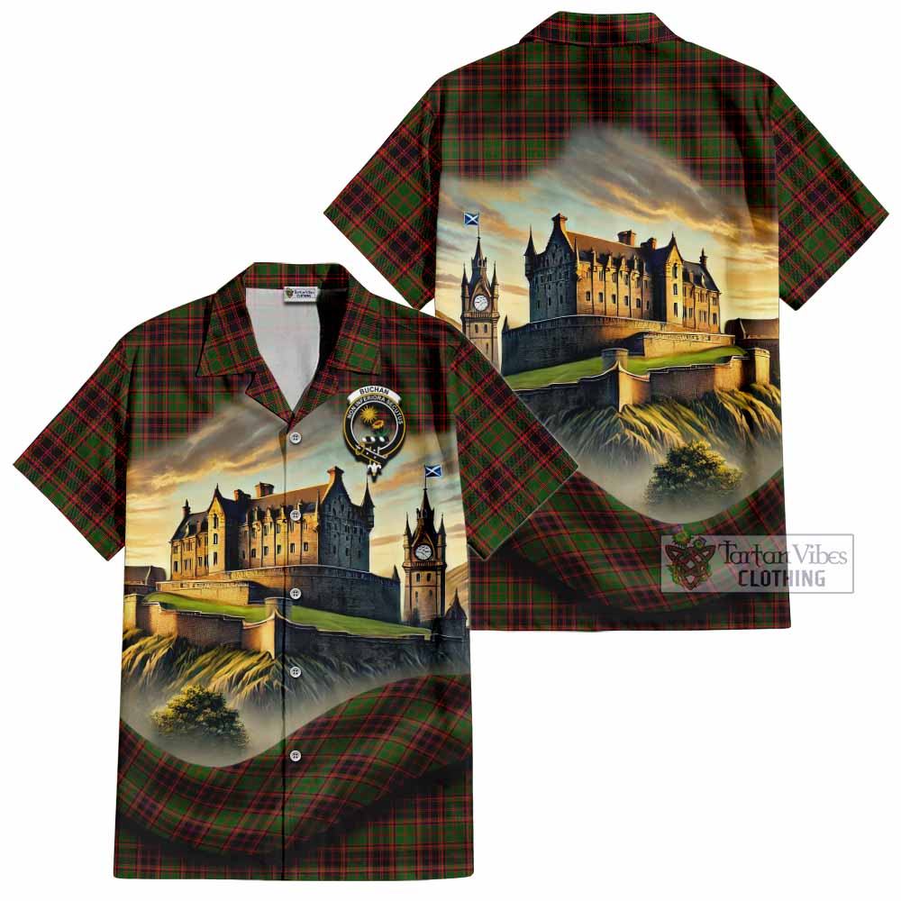 Tartan Vibes Clothing Buchan Tartan Family Crest Short Sleeve Button Shirt with Scottish Ancient Castle Style