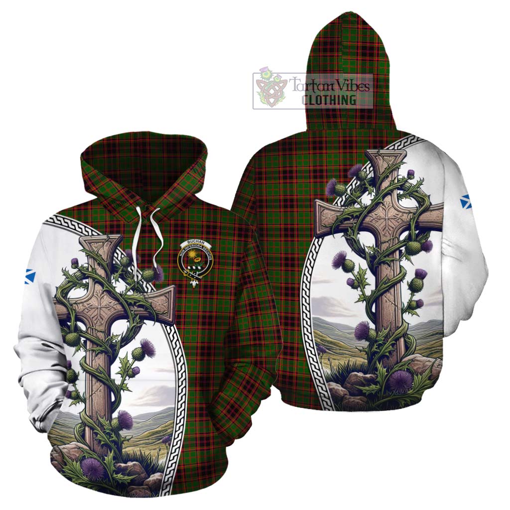 Tartan Vibes Clothing Buchan Tartan Cotton Hoodie with Family Crest and St. Andrew's Cross Accented by Thistle Vines