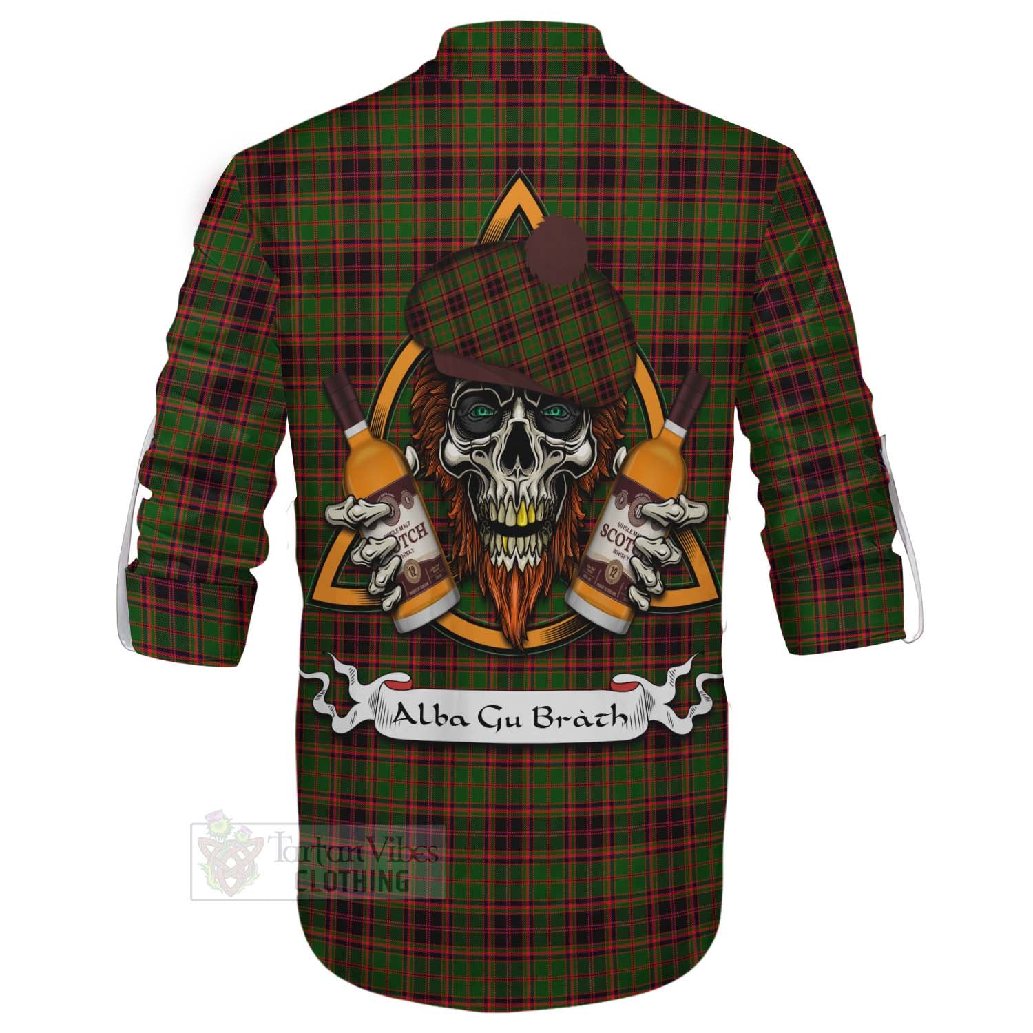 Tartan Vibes Clothing Buchan Tartan Ghillie Kilt Shirt with Family Crest and Bearded Skull Holding Bottles of Whiskey